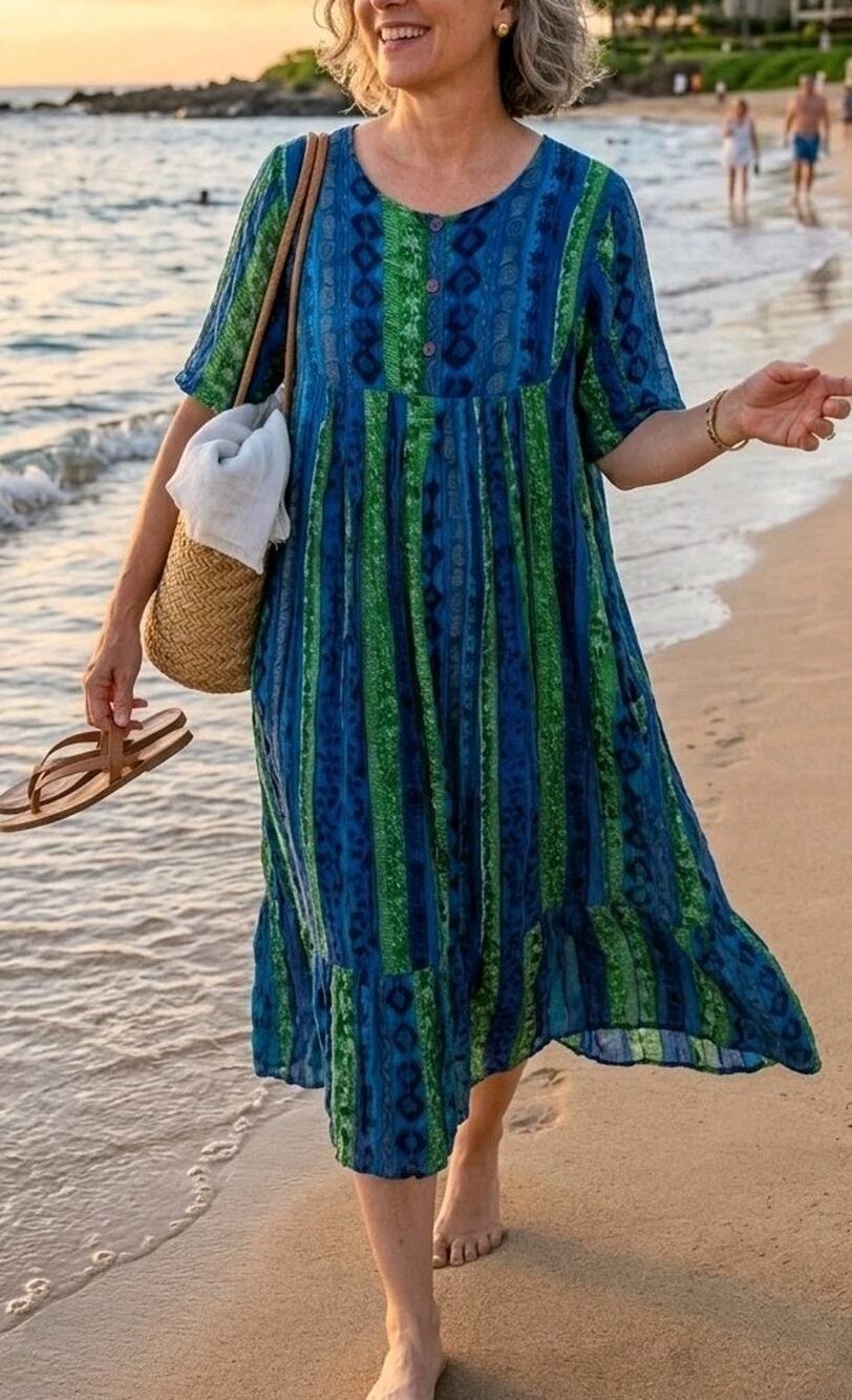 Vtg ERIKA TAYLOR II Intimates XL Rayon Gauze Dress Blue Green Floral 90s Y2K